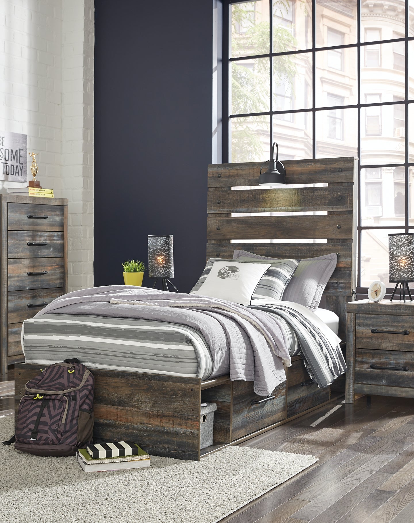 Drystan Twin Panel Bed with 4 Storage Drawers with Mirrored Dresser