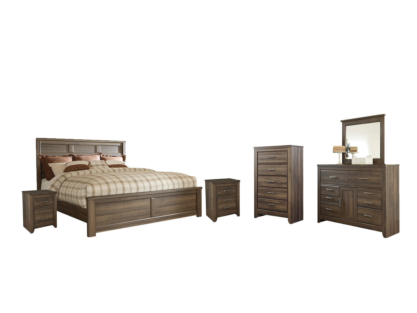Juararo Queen Panel Bed with Mirrored Dresser, Chest and 2 Nightstands