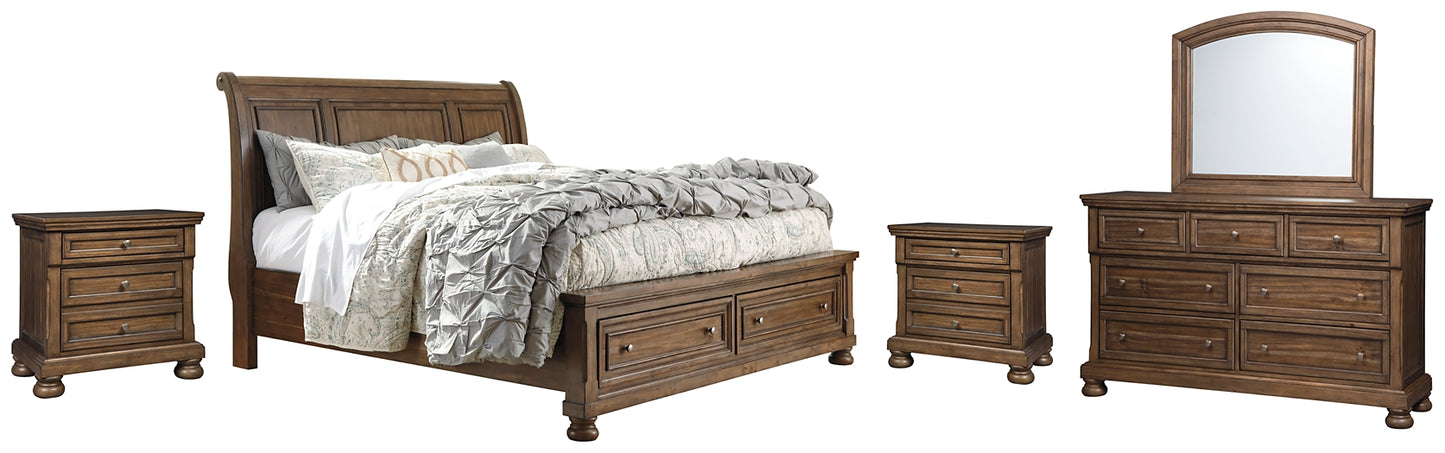 Flynnter  Sleigh Bed With 2 Storage Drawers With Mirrored Dresser And 2 Nightstands