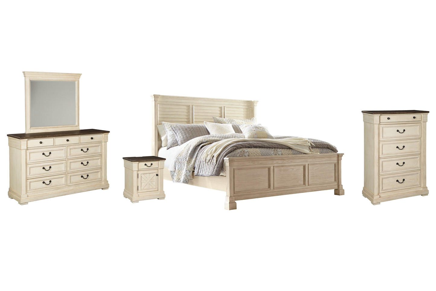 Bolanburg King Panel Bed with Mirrored Dresser, Chest and Nightstand