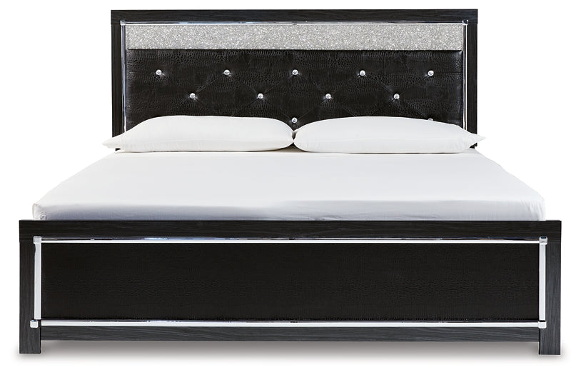 Kaydell King Upholstered Panel Platform Bed with Mirrored Dresser and 2 Nightstands