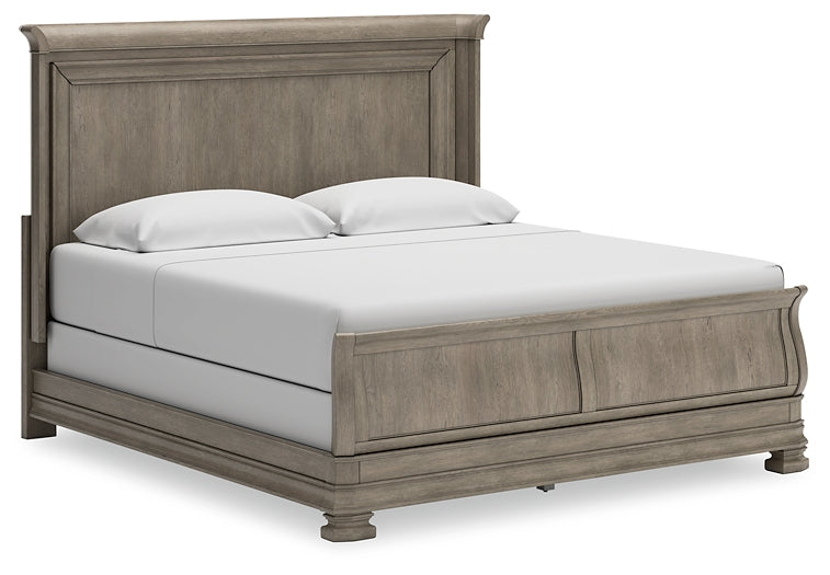 Lexorne California King Sleigh Bed with Mirrored Dresser and Chest